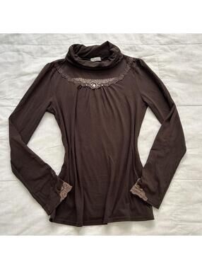 Axes Femme Brown Lace Trim Turtleneck Top Size M Japan